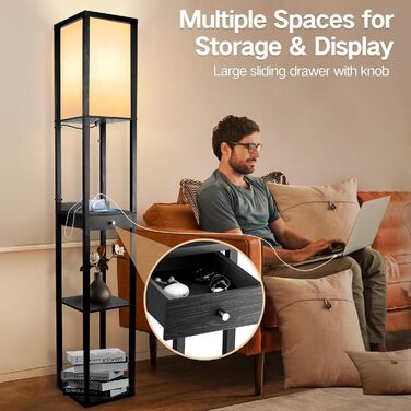 LED торшер OUTON з полицею та ящиком, 3 режими кольору, таймер 1год, 2 USB порти, для вітальні, спальні, офісу (Чорний)