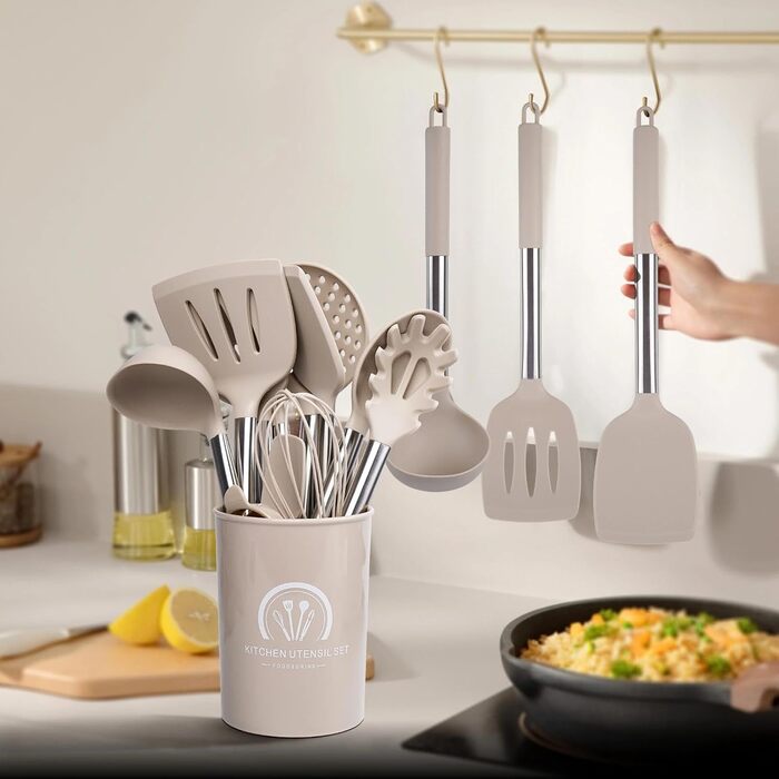 Набір кухонних помічників 45 предметів: силіконове кухонне приладдя, тримач, міксер, половник, лопатка, для миття в посудомийній машині (Хакі)