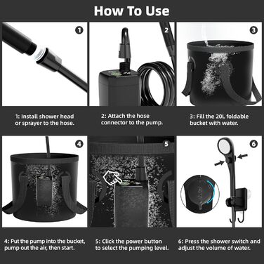 Mytrix 2024 Upgraded Portable Camping Shower Full Set: 6000mAh Rechargeable Power Suction Pump with Smart Display, Multi-Modes Spray Head & 5-Gallon Water Foldable Bucket for Outdoor Travel and Hiking