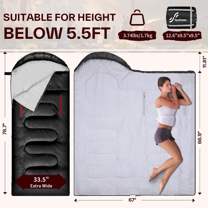 Сплячий мішок Sportneer Outdoor - ковдровий спальний мішок 3-4 сезони для дорослих, теплий, для кемпінгу, подорожей та активного відпочинку, 200x85 см, чорний