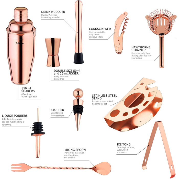Набір шейкерів для коктейлів Velaze, 10 предметів, нержавіюча сталь, рожеве золото, професійний барний набір для дому, бару та вечірок