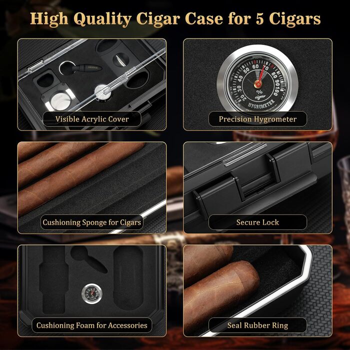 KEJIAR Вологостійкий футляр для сигар з набором інструментів: різець V-подібний, різець Straight Cut, штамп. Чорний