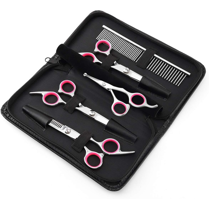 Набір професійних ножиць для грумінгу собак Pawaboo (5 шт.) з безпечними закругленими кінчиками. Ідеально для догляду за шерстю собак та котів. Рожевий колір.