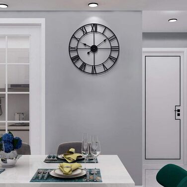 HAITANG Large Vintage Style Wall Clock, Black Round, Metal Silent Non-Ticking, Battery Powered, 40cm, 16 Inch Roman Numerals, Clocks for Living Room, Bedroom, Kitchen Wall Clock Decoration