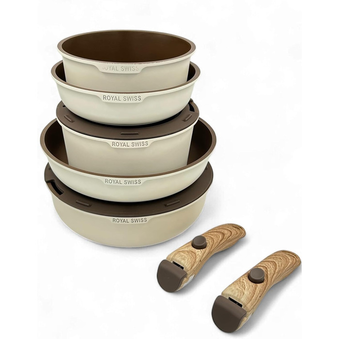 Набір посуду Royal Swiss 9-ти частинний з нержавіючої сталі, індукційний, з 2 ручками, для всіх плит - Бежевий Діамант (без PFOA, PFAS)