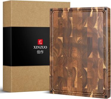 Велика товста торцева обробна дошка XINZUO з акації 48,5×35,6×3,8 см, двостороння кухонна дошка з антиковзкими ніжками, вбудованими ручками та жолобом для соку