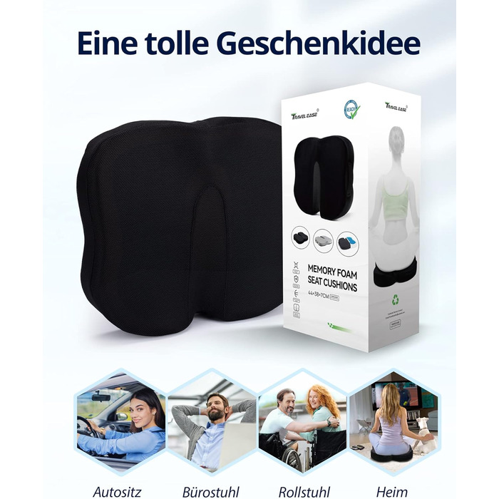 Подушка для сидіння Travel Ease з гелевим та піною з пам'яті: ергономічна підтримка для офісу, авто та геймінгу (чорний)