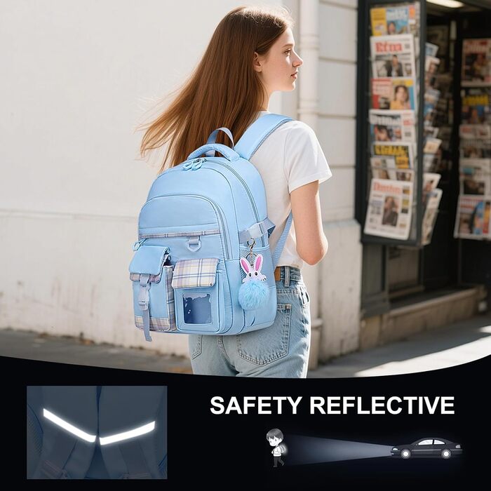 Сумка для школи для дівчаток - велика містка рюкзак Каваї з відділом для ноутбука для учнів початкової та середньої школи, блакитний