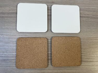 MDF coaster, blank, cork base, 9 x 9 cm, white, blank, square, 50 pieces