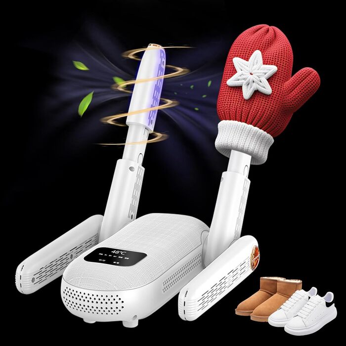 Електричний сушильник для взуття з подвійним кріпленням, для взуття, чобіт, ніг та рукавичок, з таймером, гаряче повітря, UV-світло, активоване вугілля, потрійна антибактеріальна обробка