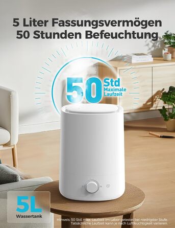 Зволожувач повітря AROEVE 5L з верхнім заповненням, ультразвуковий, холодний туман, для спальні з дифузором ефірних олій, 360° поворотний носик, 28dB нічне підсвічування, 50 годин роботи, для дитячої кімнати, рослин