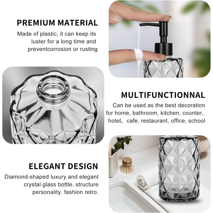 Дозатор мила чорний, скляний з нержавіючою сталею, 330 мл, для ванної кімнати та кухні, з підставкою