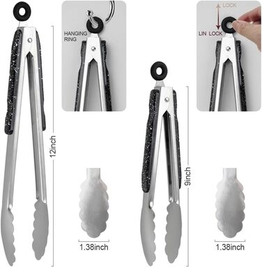 Stainless Steel Kitchen Tongs, 22.9 cm and 30.5 cm, 2 Pieces, Sturdy Grill Tongs with Brushed Closure, Food Tongs with Ergonomic Handle, Black