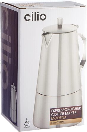 Cilio Espresso Maker MODENA, Stainless Steel, Suitable for All Cooktops, Ø 9.5 cm, Dishwasher Safe, Moka Pot, Espresso Maker 6 Cups, Camping Coffee Maker