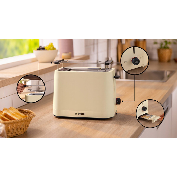 Тостер Bosch MyMoment TAT3M127, 950 Вт, на 2 тости, з функцією розморожування, бежевий