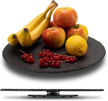 Rotating slate plate round, serving platter, cake plate, sausage plate, cheese plate. The slate cake plate with foot, serving platter, rotating turntable, tiered serving stand, decorative tray, table decoration.