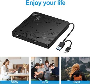 Зовнішній CD/DVD привід LMEN з USB 3.0 для ноутбука та ПК, портативний DVD-записувач CD-ROM, низький рівень шуму, сумісність з Windows, Linux, MacBook