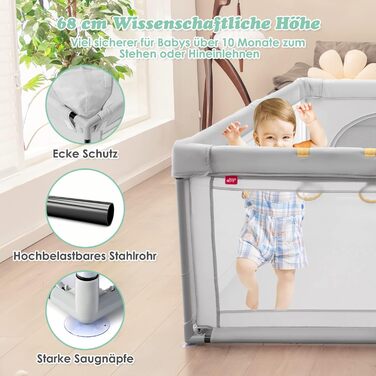 DREAMADE Playpen Baby 206 x 185CM, Folding Playard, Safety Gate with Breathable Mesh & 50 Balls, Child Safety Barrier with 2 Doors (Gray, without mattress) Gray without mattress
