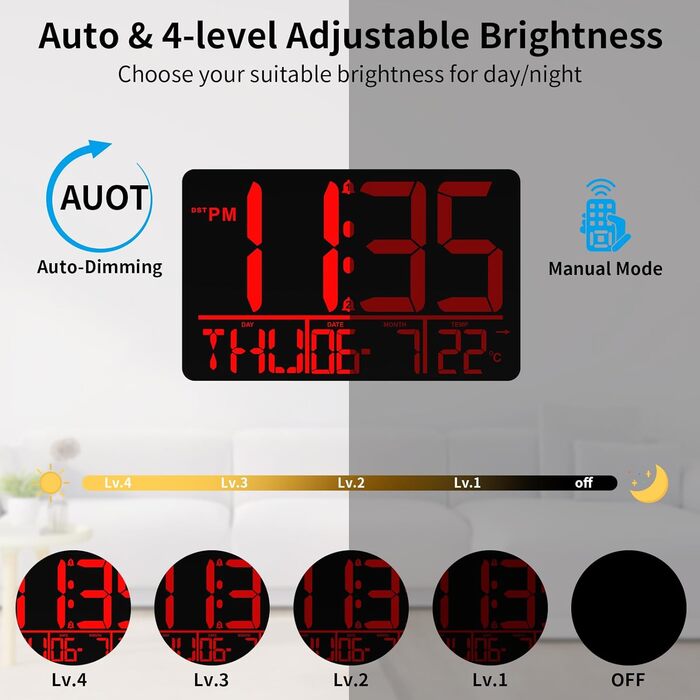 Цифровий настінний годинник XREXS 13'' з LED-дисплеєм, автоматичне калібрування, показ дати, температури, таймер, будильник, Bluetooth