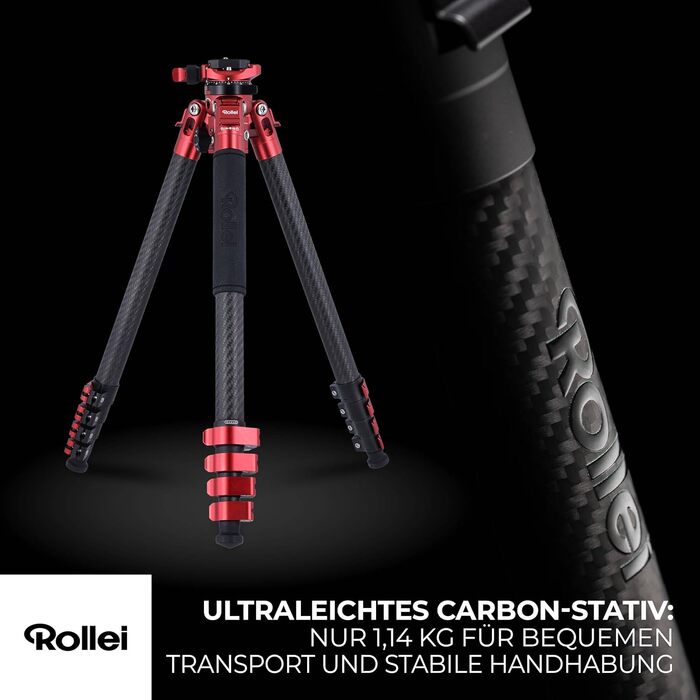 Карбоновий штатив для відео Rollei Easy Traveler: навантаження 4,5 кг, висота 164 см, ультралегкий та компактний, червоний