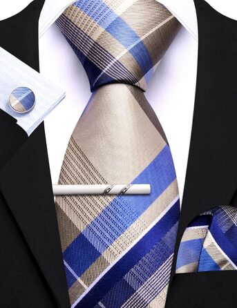 Набір краваток у клітинку Barry.Wang з хустинкою та запонками. Класична смугаста краватка для чоловіків (кремового кольору)