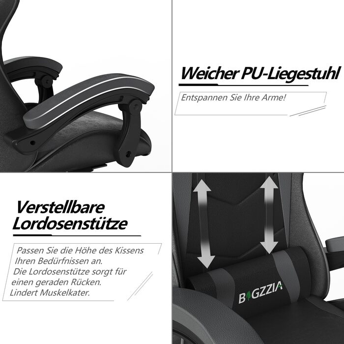 Геймерське крісло Racingreat Ergonomic для PC, підлітків та дорослих. Регульоване, з підголівником, оббите PU-шкірою, темно-сіре