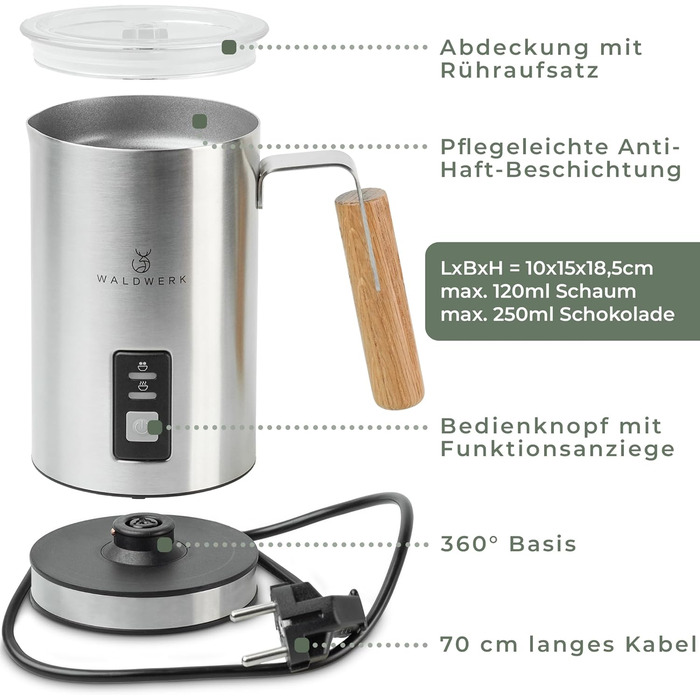 WALDWERK Milk Frother made of 304 Stainless Steel and Oak Wood - Electric Milk Frother for Perfect Foam or Hot Chocolate - Milk Frother - Electric Milk Frother