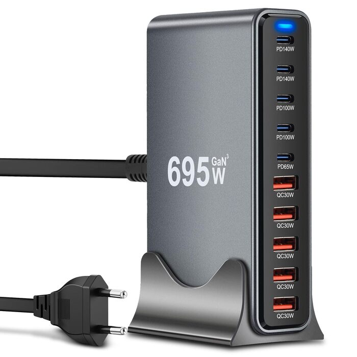 Зарядний пристрій Arceli USB-C 695W 10 портів GaN III: швидка зарядка для iPhone 16/15/14 Pro Max, Samsung Galaxy, MacBook, планшетів, ноутбуків