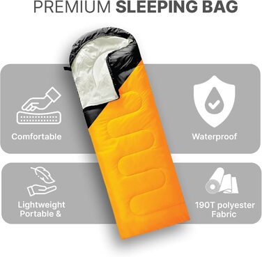 Спальний мішок Azark Leichter Premium для дорослих та дітей, 400 г/м², 4 сезони, водонепроникний, зручний та портативний, машинне прання, для кемпінгу та походів, чорний / зелений (чорний/гірчичний)