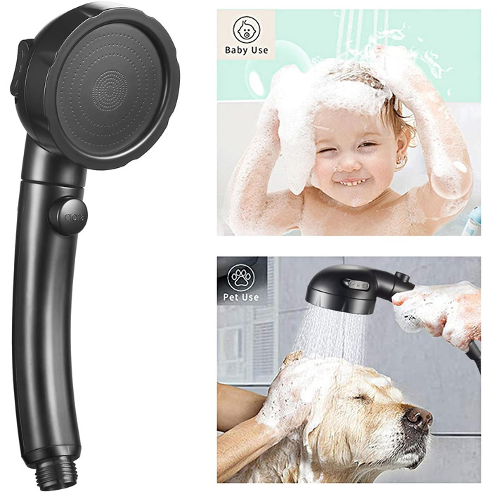 KAIYING Drill-Free High-Pressure Handheld Showerhead with ON/OFF Pause Switch, 3 Spray Modes, Water-Saving Showerhead, Detachable Puppy Shower Accessory (M: Showerhead + Holder + Hose) (Black)