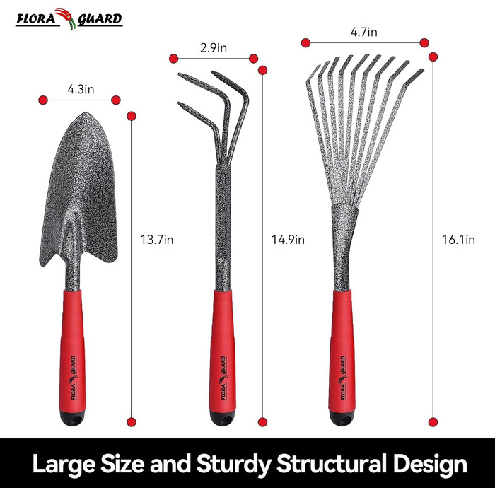 FLORA GUARD Garden Tools, 6-Piece Garden Tool Set Including Weeder, Garden Shovel, Hand Rake, Hand Hoe, Brush Rake, Cultivator, Garden Hand Tools with Heads Made of Carbon Steel