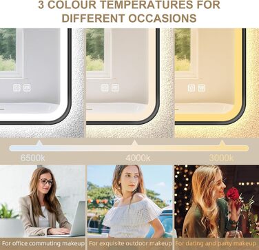 Дзеркало для ванної кімнати S'bagno з підсвічуванням 100x70 см, з алюмінієвою рамою, антизапарююче, 3000-6500K, функція пам'яті, IP44, горизонтальне/вертикальне, чорний колір, M99 (без Bluetooth)