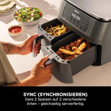 Фритюрниця Ninja Dual Zone Digital Air Fryer DZ400EU, 9.5L, 6-в-1, 2 відсіки, металевий сірий, для смаження, запікання, підігріву