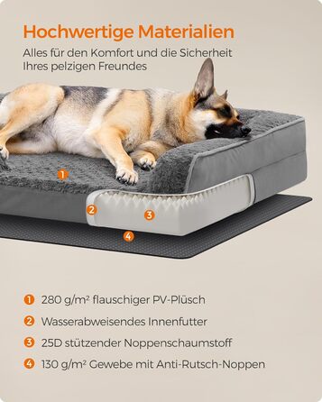 Ортопедичне ліжко для собак Feandrea великих порід, вологостійке, знімний плюшевий чохол, 122 x 85 x 16 см, сірий PGW254G02 XXL