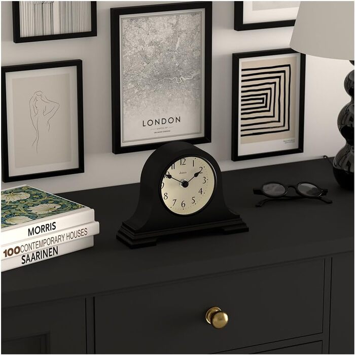 JONES CLOCKS® Speakeasy Table Clock | Classic Napoleon Hat Design | Black | Contemporary classic style for desk, table, shelf, or nightstand