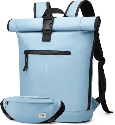 Водонепроникний рюкзак YTL Rolltop з відділенням для ноутбука 17 дюймів, великий рюкзак для жінок та чоловіків, для подорожей, школи, університету, велосипеда (Світло-блакитний)