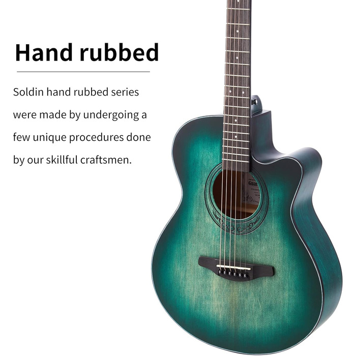 Акустична гітара Soldin 40 дюймів Premium з масивної соснової верхньої деки. Комплект: чохол, підставка, тюнер, ремінь, каподастр, струни, серветка, медіатори (Nilblau)