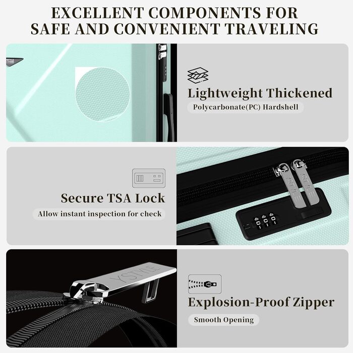 Набір валіз Ystyle Kofferset 5 шт: 12', 18', 20', 24', 28' + косметичка. ABS, 360° колеса, TSA-замок. Ідеально для подорожей Європою, круїзів та навчання за кордоном. Колір: м'ятний.