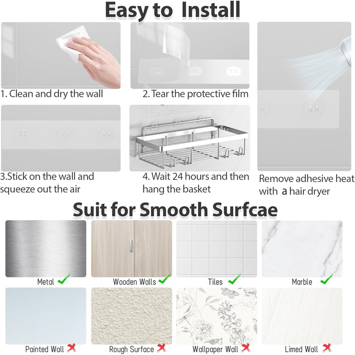 Набір самоклеючих полиць для душу Liuoud (10 шт), металевий органайзер для ванної кімнати без свердління, стійкий до іржі тримач для шампуню та косметики, сріблястий