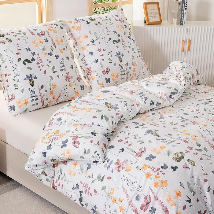 Комплект постільної білизни ATsense 135x200 см, 4 предмети, бавовна, кольоровий рослинно-квітковий принт, сертифікат OEKO-TEX, 2 наволочки 80x80 см, підковдра на блискавці