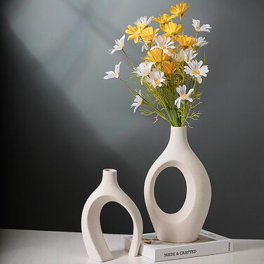 SUKIYPO Ceramic Vase Set - Beige Modern Vases (2-Pack) for Nordic, Boho Home Decor - Large Decorative Flower Vases for Living Room, Office, Farmhouse, Coffee Table