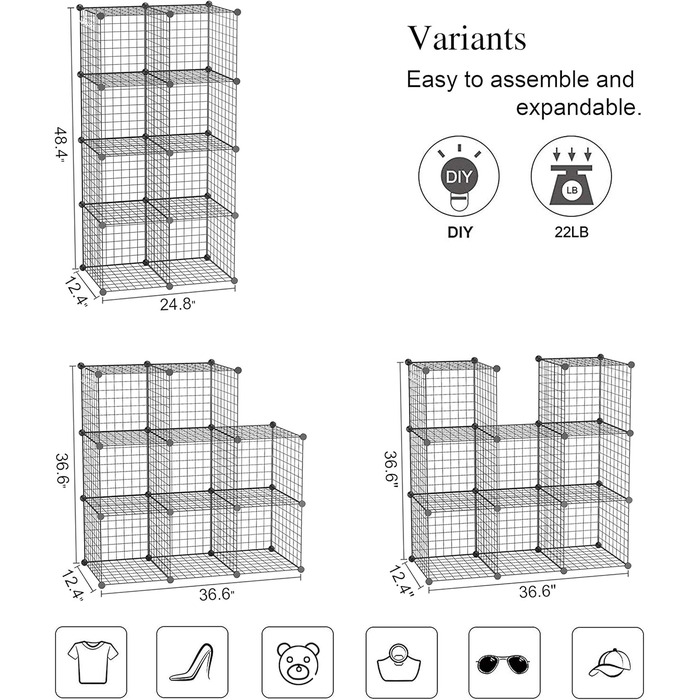 C&AHOME Wire Cube Storage, 6 - Metal Cube Organizer with C-Grids, Modular Shelf Units, Storage Shelf Racks, Closet Organizer, 93.5 in L x 31.8 in W x 93.5 in H, (8 Cubes, Black)