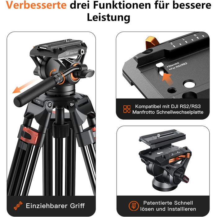 Штатив для камери COMAN 186см з алюмінію, 360° обертання та +/-90° нахил, відео штатив, максимальне навантаження 10кг