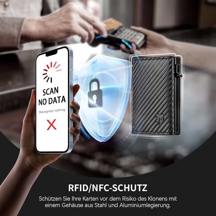 Чоловічий гаманець TENBST - картхолдер ультратонкий з RFID захистом, 10 відділень для карток, вікно для ID, преміум карбон, чорний