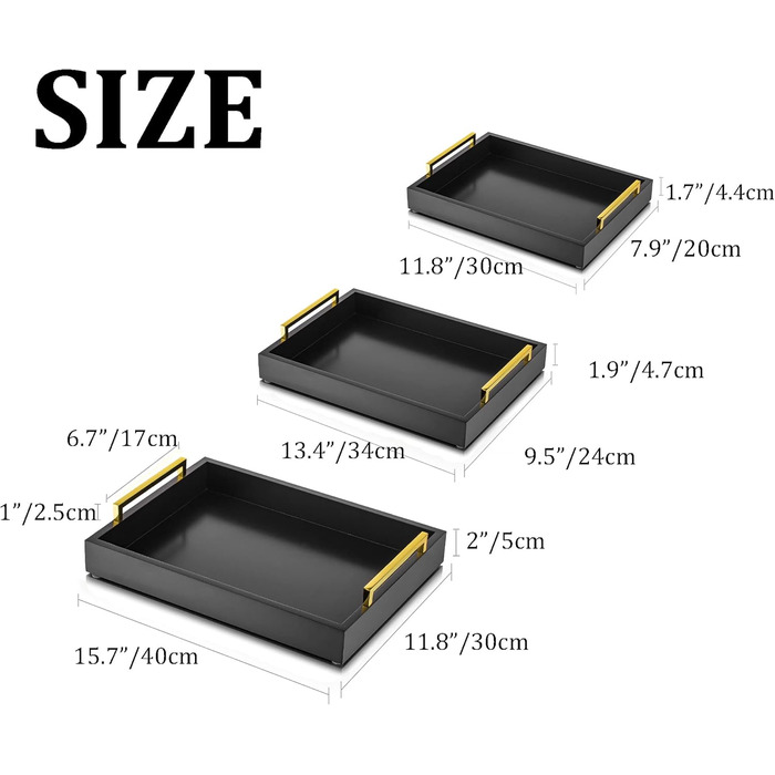 Hanobe Serving Tray Decor Tray Wood: Set of 3 Black Decorative Wooden Trays with Gold Handles Coffee Table, Rectangular Jewelry Tray, Bedside Table Tray, Modern Candle Tray, Coffee Decor Tray