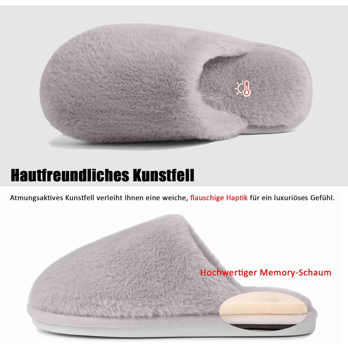 Тапочки зимові для жінок та чоловіків, теплі, з плюшем, з пам'яттю, антиковзкі, сірі (40.5/42 EU)