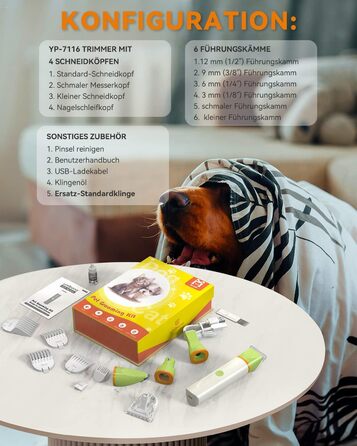 Набір для стрижки собак та котів Leise: акумуляторний тример з 4 насадками, водонепроникний (IPX7), для тіла, мордочки, вух та лап