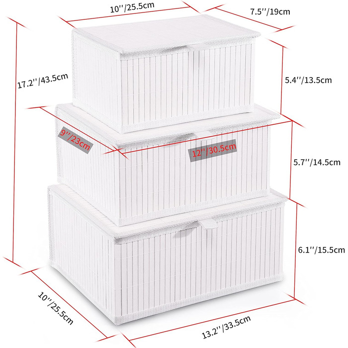 Honeycomb Storage Basket with Lid, Woven - Bamboo Decor Storage Boxes, Set of 3 Rattan Basket with Lid Woven Fabric Insert for Bathroom Kitchen Shelf Organization (Large/Medium/Small) (White)
