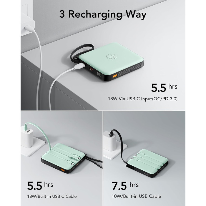 Power Bank VRURC 20000mAh з кабелем USB-C 22.5W QC3.0 Швидка зарядка Зовнішній акумулятор для iPhone, Huawei, Android (Зелений)
