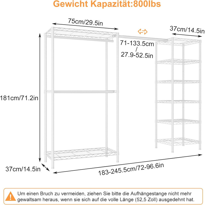 Розширюваний вішак для одягу, металевий гардеробний стійка з регульованими полицями (білий)